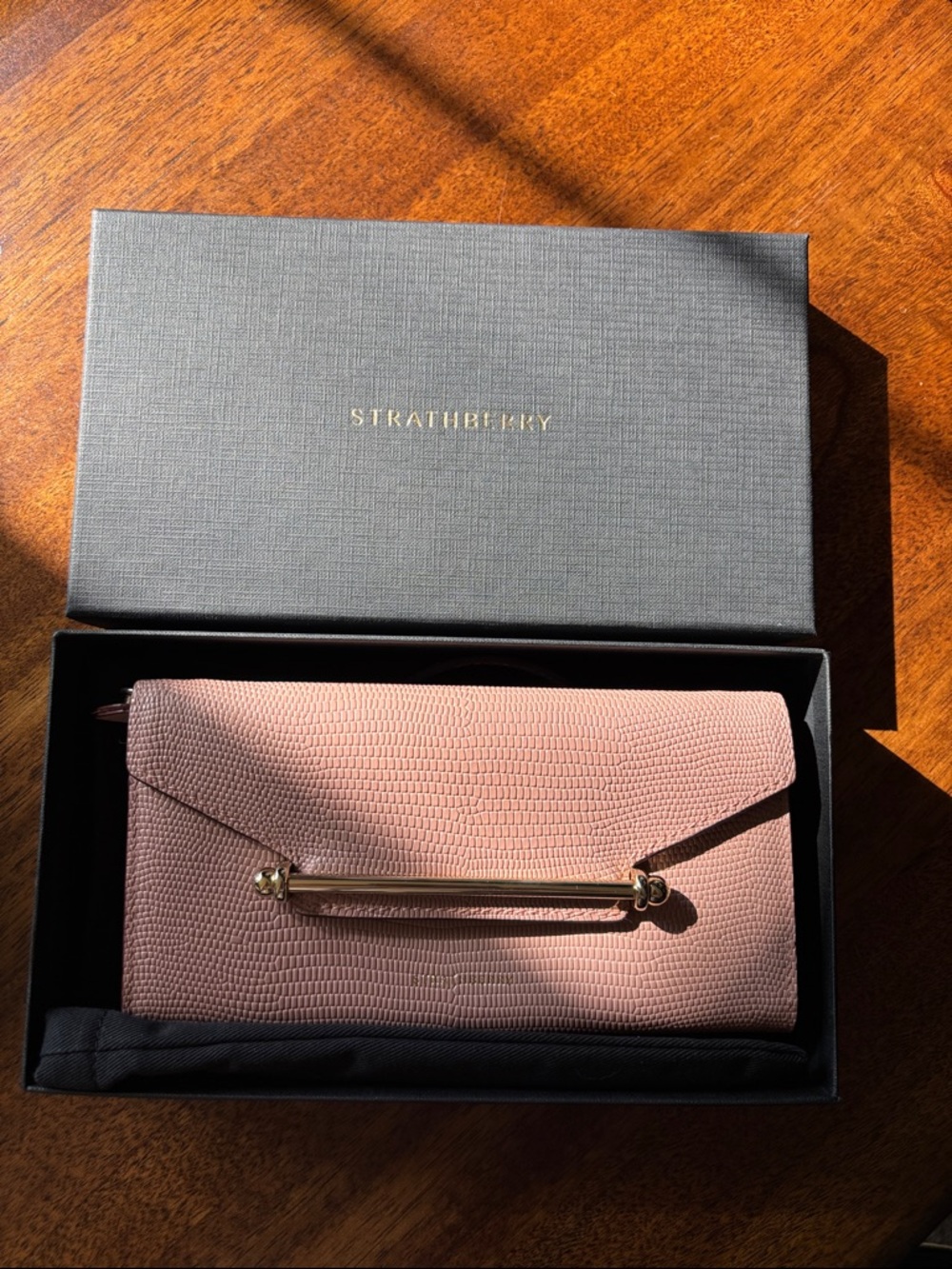Strathberry Blush Pink Textured Leather Envelope Clutch with Gold Bar